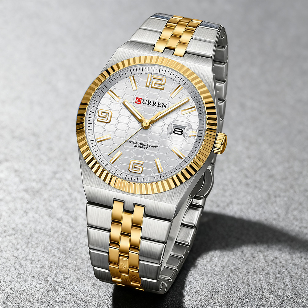Luxury Watch Apple - CURREN Stilvolle Herren-Quarzuhr, zweifarbiges Edelstahlband, klassisches