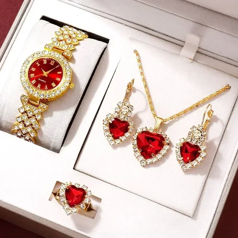 Luxury Watch Kit - Goldene Luxus-Uhr Damen Ring Halskette Ohrringe