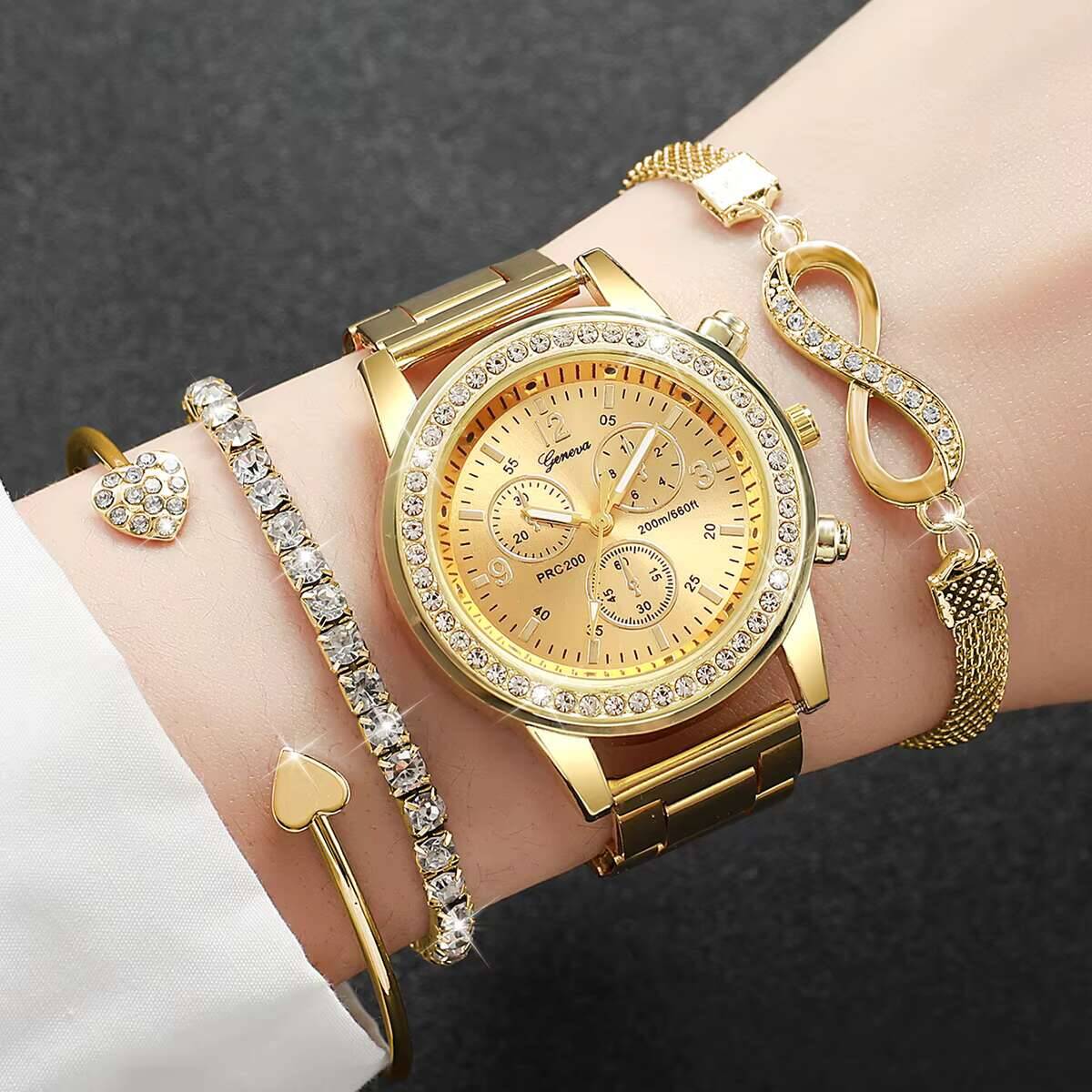 Luxury Watch Kit - 4 Stück/Set Luxus-Strass-Damenuhren, modische Damen-Quarzuhr, Armbänder-Set,